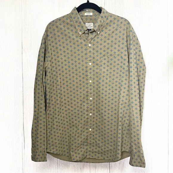 J. Crew Shirt Mens Classic 100% Cotton Olive Green Blue Floral Button Down ~ L - Picture 2 of 5